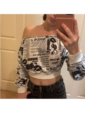 Off-the-Shoulder Newspaper Print Crop Sweater in Black & White
